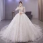 Luxury / Gorgeous Sparkly White Beading Pearl Rhinestone Sequins Wedding Dresses 2021 Ball Gown V-Neck Long Sleeve Backless Royal Train Wedding