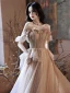 Charmant Kaki Perlage Glitter Robe De Bal 2021 Princesse Volants De l'épaule Manches Courtes Dos Nu Longue Robe De Ceremonie