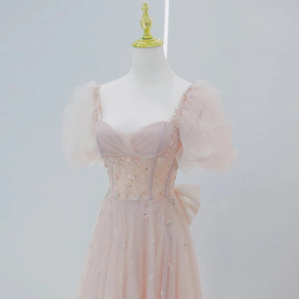 Élégant Rougissant Rose Robe De Bal 2021 Princesse Encolure Carrée Perlage Étoile Paillettes Gonflée Manches Courtes Dos Nu Noeud Longue Robe De Ceremonie