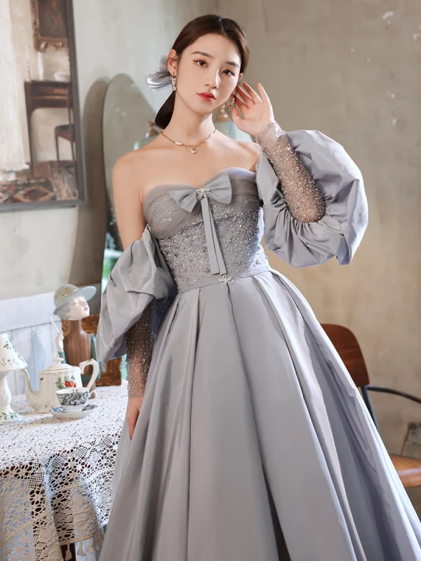 Elegant Sky Blue Satin Prom Dresses 2021 A-Line / Princess Strapless Beading Bow Short Sleeve Backless Floor-Length / Long Formal Dresses