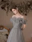 Elegant Grey Prom Dresses 2021 A-Line / Princess Ruffle Off-The-Shoulder Short Sleeve Backless Floor-Length / Long Formal Dresses