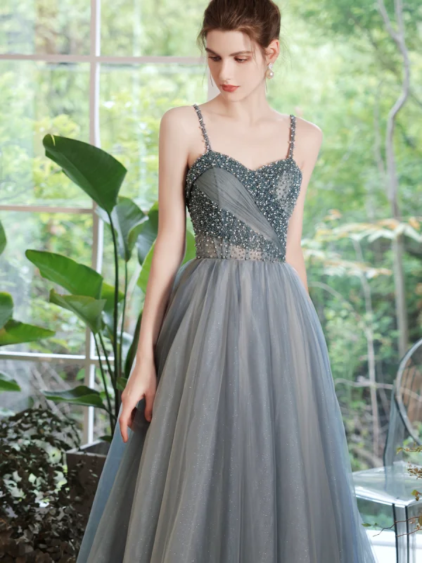 Élégant Océan Bleu Robe De Bal 2021 Princesse Bretelles Spaghetti Perlage Perle Paillettes Sans Manches Dos Nu Longue Robe De Ceremonie