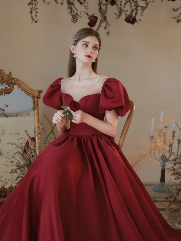 Elegant Burgundy Satin Prom Dresses 2021 A-Line / Princess Beading Puffy Scoop Neck Short Sleeve Prom Elegant Burgundy Satin Prom Dresses 2021 A-Line / Princess Beading Puffy Scoop Neck Short Sleeve Prom