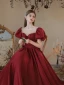 Eleganta Burgundy Satin Balklänningar 2021 Prinsessa Beading Pösigt Urringning Korta ärm Bal Långa Formella Klänningar