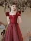 Elegant Burgundy Satin Spotted Prom Dresses 2021 A-Line / Princess Square Neckline Short Sleeve Backless Bow Floor-Length / Long Formal Dresses