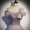 Elegant Dusky Pink Prom Dresses 2021 A-Line / Princess Bow Off-The-Shoulder Beading Star Sequins Short Sleeve Backless Floor-Length / Long Formal Dresses