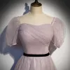 Elegant Dusky Pink Glitter Prom Dresses 2021 A-Line / Princess Square Neckline Puffy Short Sleeve Sash Backless Floor-Length / Long Formal Dresses