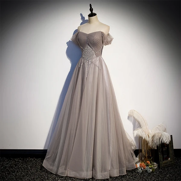 Elegant Grey Glitter Prom Dresses 2021 A-Line / Princess Off-The-Shoulder Beading Sequins Lace Flower Short Sleeve Backless Floor-Length / Long Formal Dresses