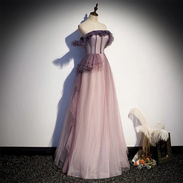 Mode Violet Glitter Robe De Bal 2021 Princesse Volants De l'épaule Perlage Manches Courtes Dos Nu Longue Robe De Ceremonie
