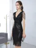 Sparkly Sexy Black Evening Dresses 2021 Trumpet / Mermaid V-Neck Beading Sequins Sleeveless Knee-Length Formal Dresses