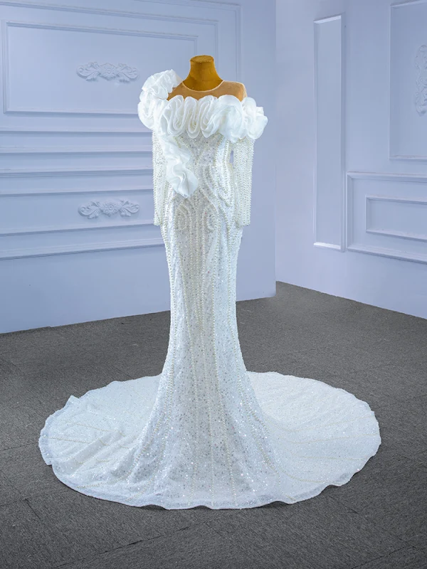Luxury / Gorgeous Charming White Beading Pearl Sequins Wedding Dresses 2021 Trumpet / Mermaid Ruffle Scoop Neck Long Sleeve Backless Chapel Train Wedding