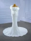 Luxury / Gorgeous Charming White Beading Pearl Sequins Wedding Dresses 2021 Trumpet / Mermaid Ruffle Scoop Neck Long Sleeve Backless Chapel Train Wedding