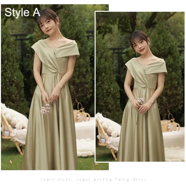 Modest / Simple Olive Green Satin Bridesmaid Dresses 2021 A-Line / Princess Short Sleeve Backless Floor-Length / Long Wedding Party Dresses
