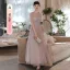 Fashion Blushing Pink Bridesmaid Dresses 2021 A-Line / Princess Beading Pearl Sequins Lace Flower Short Sleeve Backless Floor-Length / Long Wedding Party Dresses