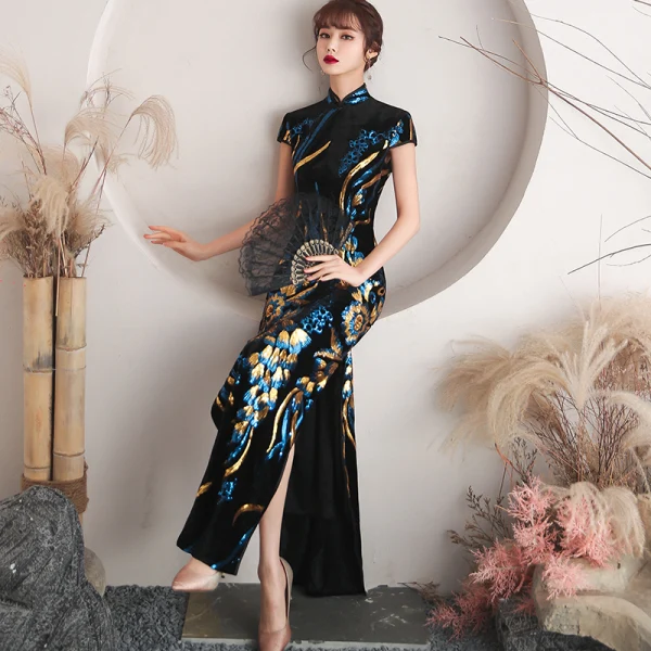 Style Chinois Bleu Marine Paillettes Robe De Soirée Cheongsam 2021 Trompette / Sirène Velour Col Haut Manches Courtes Thé Longueur Robe De Ceremonie