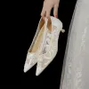 Elegant White Lace Flower Wedding Shoes 2021 3 cm Stiletto Heels Low Heel Pointed Toe Wedding Pumps High Heels