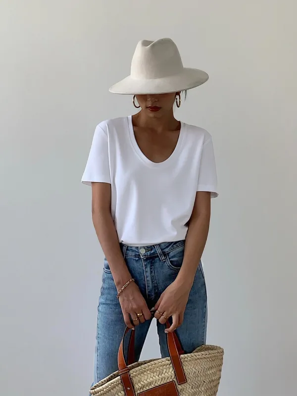 Summer Casual Loose Black Solid Color T-Shirts 2021 Cotton Scoop Neck Short Sleeve Women's Tops T-shirt