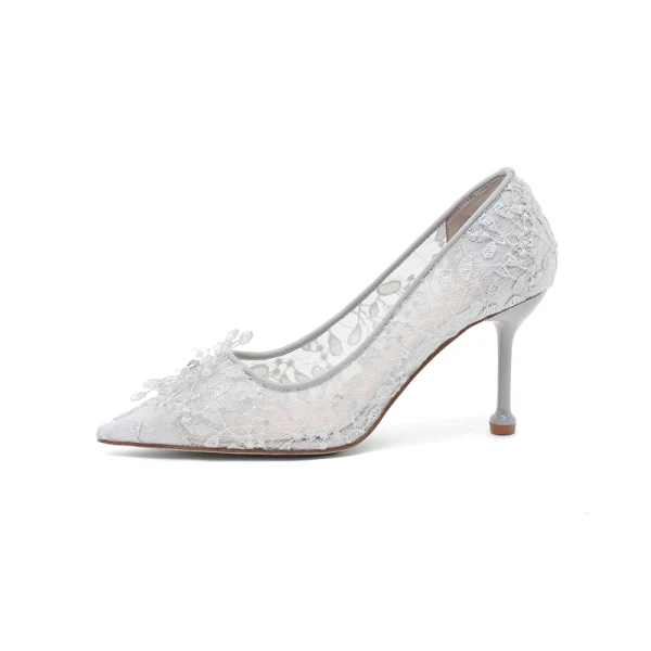 Elegant Grey Lace Flower Wedding Shoes 2022 8 cm Stiletto Heels Pointed Toe Wedding Pumps High Heels