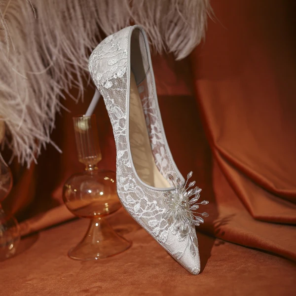 Chic / Beautiful White Lace Flower Wedding Shoes 2022 8 cm Stiletto Heels Pointed Toe Wedding Pumps High Heels