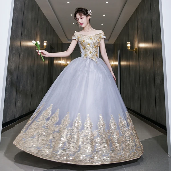 Elegant Silver Grey Prom Dresses 2022 Ball Gown Off-The-Shoulder Beading Pearl Sequins Lace Flower Short Sleeve Backless Floor-Length / Long Formal Dresses
