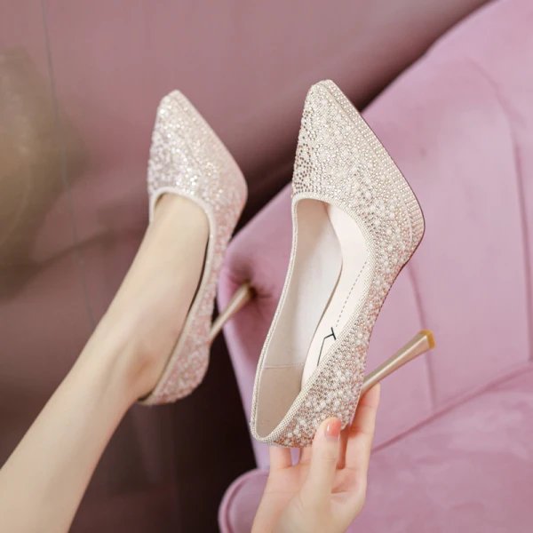 Charming Champagne Pearl Beading Rhinestone Wedding Shoes 2022 11 cm Stiletto Heels Pointed Toe Wedding Pumps High Heels