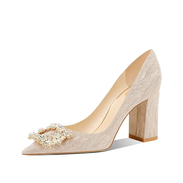 Charming Gold Rhinestone Wedding Shoes 2022 8 cm Thick Heels Pointed Toe Wedding Pumps High Heels