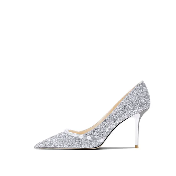 Sparkly Gold Pearl Sequins Wedding Shoes 2022 8 cm Stiletto Heels Pointed Toe Wedding Pumps High Heels
