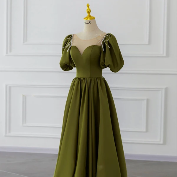 Modest / Simple Olive Green Beading Bow Prom Dresses 2022 A-Line / Princess Scoop Neck Short Sleeve Backless Floor-Length / Long Formal Dresses