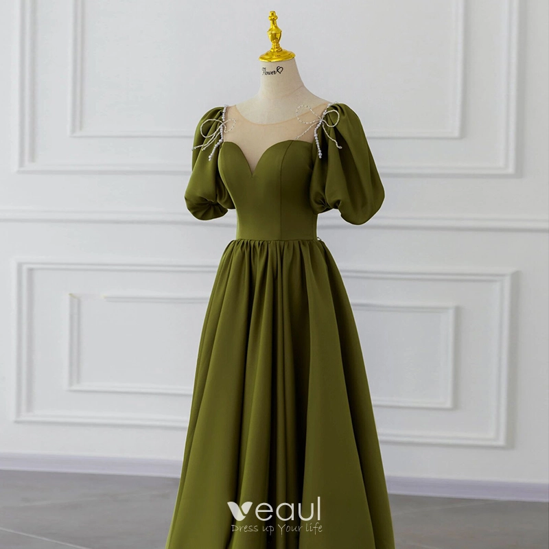 olive green modest dress Ulyana Modest V Neck Ruched High Low Chiffon Mother Of The Bride Dresses, Olive Green main image 0