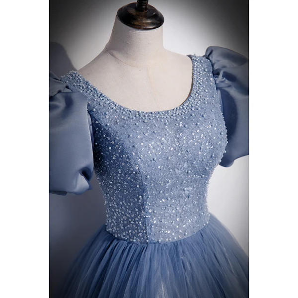 Élégant Bleu Ciel Robe De Bal 2022 Princesse Encolure Dégagée Perlage Perle Paillettes Gonflée Manches Courtes Dos Nu Longue Robe De Ceremonie