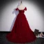 Charming Burgundy Cascading Ruffles Prom Dresses 2022 A-Line / Princess Bow Off-The-Shoulder Short Sleeve Backless Floor-Length / Long Formal Dresses