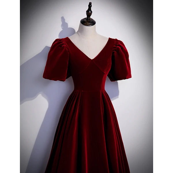 Elegant Burgundy Velour Prom Dresses 2022 A-Line / Princess Suede V-Neck Short Sleeve Backless Floor-Length / Long Formal Dresses