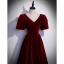 Elegant Burgundy Velour Prom Dresses 2022 A-Line / Princess Suede V-Neck Short Sleeve Backless Floor-Length / Long Formal Dresses