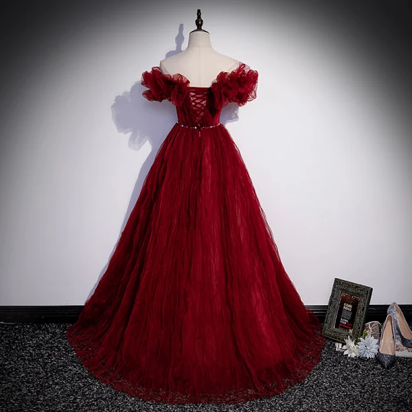 Chic / Beautiful Burgundy Pierced Prom Dresses 2022 A-Line / Princess Ruffle Off-The-Shoulder Short Sleeve Pearl Sash Backless Floor-Length / Long Formal Dresses