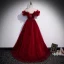 Chic / Beautiful Burgundy Pierced Prom Dresses 2022 A-Line / Princess Ruffle Off-The-Shoulder Short Sleeve Pearl Sash Backless Floor-Length / Long Formal Dresses