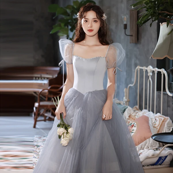 Vintage / Retro Grey Prom Dresses 2022 A-Line / Princess Square Neckline Puffy Short Sleeve Backless Floor-Length / Long Formal Dresses