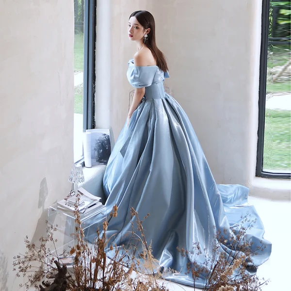 Elegant Sky Blue Satin Prom Dresses 2022 A-Line / Princess Off-The-Shoulder Short Sleeve Bow Backless Sweep Train Formal Dresses