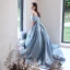 Elegant Sky Blue Satin Prom Dresses 2022 A-Line / Princess Off-The-Shoulder Short Sleeve Bow Backless Sweep Train Formal Dresses