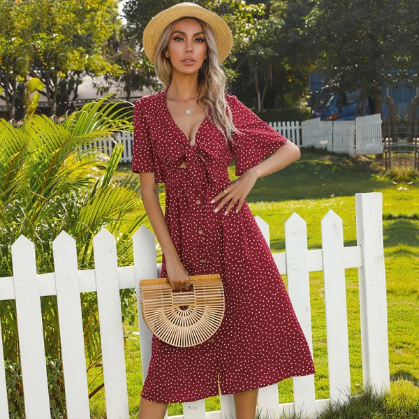 Fashion Burgundy Summer Street Wear Spotted Women Dresses 2021 V-Neck Bow Short Sleeve