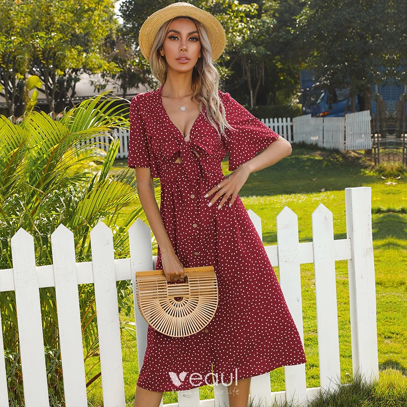 Mode Bordeaux Zomer Straatkleding Gevlekte Dames Jurken 2021 V Hals Strik Korte Mouwen