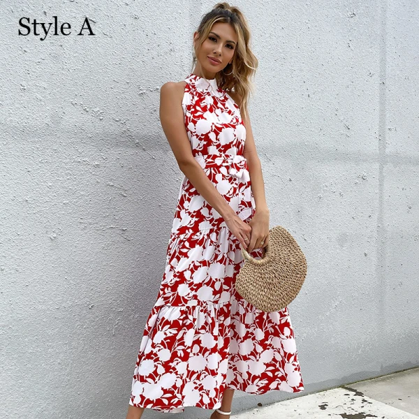 Chic / Beautiful Summer Black Floral Street Wear Maxi Dresses 2021 High Neck Sleeveless Women Dresses