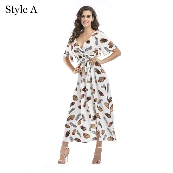 Summer Black Street Wear Beach Floral Maxi Dresses 2021 V-Neck Short Sleeve Women Dresses