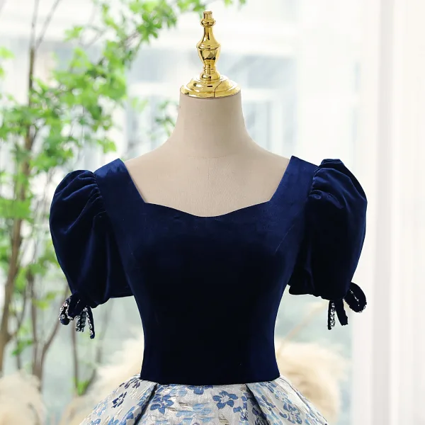 Elegant Navy Blue Printing Prom Dresses 2023 Ball Gown Square Neckline Short Sleeve Backless Floor-Length / Long Prom Formal Dresses
