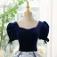 Elegant Navy Blue Printing Prom Dresses 2023 Ball Gown Square Neckline Short Sleeve Backless Floor-Length / Long Prom Formal Dresses
