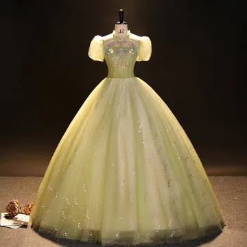 Élégant Vert Cendré Perlage Perle Paillettes Robe De Bal 2023 Robe Boule Col Haut Manches Courtes Dos Nu Longue Robe De Ceremonie