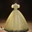 Elegant Sage Green Beading Pearl Sequins Prom Dresses 2023 Ball Gown High Neck Short Sleeve Backless Floor-Length / Long Formal Dresses