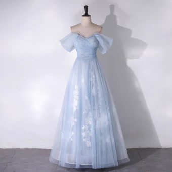 Chic Belle Bleu Ciel Fleur Glitter Paillettes Robe De Bal 2024 Princesse De L Épaule Sans Manches Dos Nu Longue Promo Robe De Ceremonie