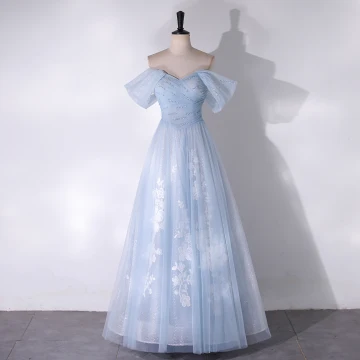 Chic Beautiful Sky Blue Flower Glitter Sequins Prom Dresses 2024 A Line Princess Off The Shoulder Sleeveless Backless Floor Length Long Prom Formal Dresses