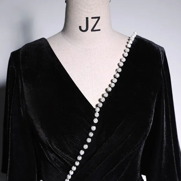 Sexy Black Solid Color Rhinestone Velvet Evening Dresses 2023 Trumpet / Mermaid V-Neck Short Sleeve Backless Floor-Length / Long Evening Party Formal Dresses