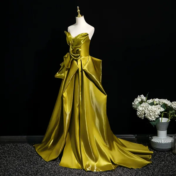Fashion Clover Green Evening Dresses 2025 A-Line / Princess Strapless Sleeveless Backless Sweep Train Evening Party Formal Dresses